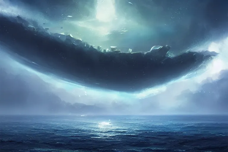 Prompt: the sky is an upside down deep ocean, the stars are fish in the ocean, the night sky is a sea, fantasy painting by jessica rossier