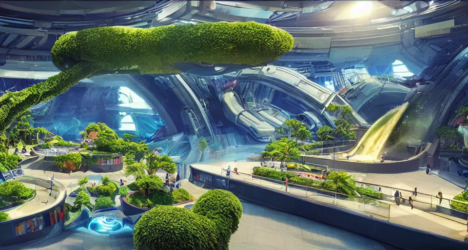 Prompt: futuristic shopping mall with a waterpark and waterfalls inside a massive space station manicured topiaries, ilm, beeple, star citizen halo, mass effect, 2001 space odyssey, elysium, warm saturated colours, atmospheric perspective, dramatic sunset, volumetric light scattering, dustlight, god rays, dust