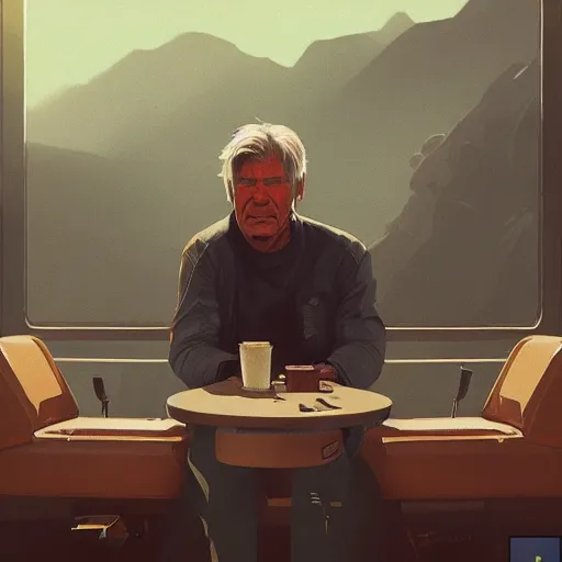 Image similar to harrison ford drinking coffee, colorful, contrast, 3 d scene, greg rutkowski, zabrocki, karlkka, jayison devadas, trending on artstation, 8 k, ultra wide angle, zenith view, pincushion lens effect