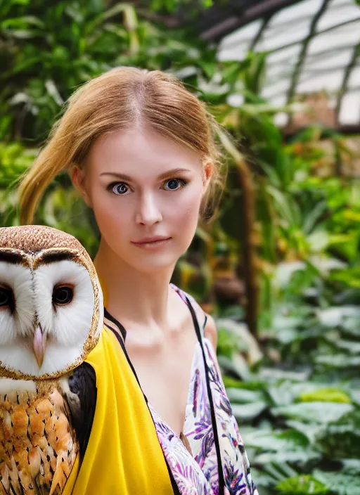 Prompt: portrait photograph of beautiful young female model, symmetric face, symmetric eyes, slight smile, natural light, wearing a yellow kimono with a very detailed barn owl on her shoulder!!! in a tropical greenhouse. looking at the camera!!. super resolution. Extremely detailed. Masterpiece!! .Graflex camera, bokeh.