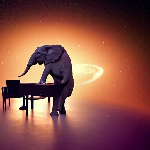 Image similar to a hyperrealistic 3D octane render of an elephant playing piano in a planetarium with planets and galaxies, trending on artstation, 8k, 4K, dramatic lighting, glowing, volumetric lighting, ray tracing, unreal engine