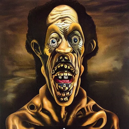 Image similar to Oil painting with black background by Christian Rex Van Minnen Robert Williams Salvador Dali of a portrait of an extremely bizarre disturbing mutated man with intense chiaroscuro lighting perfect composition