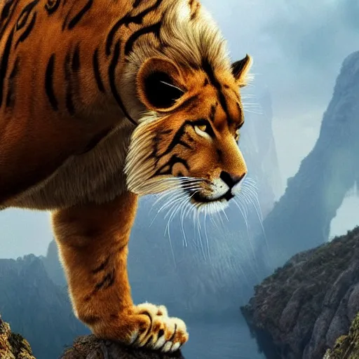 Prompt: mix of puma and jaguar and lion and tiger jumping over a cliff, giant cat monster, 8 k ultra realistic animal, detailed intricate fur, flame in the fur, full of colour, cinematic lighting, battered, trending on artstation, 4 k, hyperrealistic, focused, extreme details, unreal engine 5, cinematic, masterpiece, art by ayami kojima