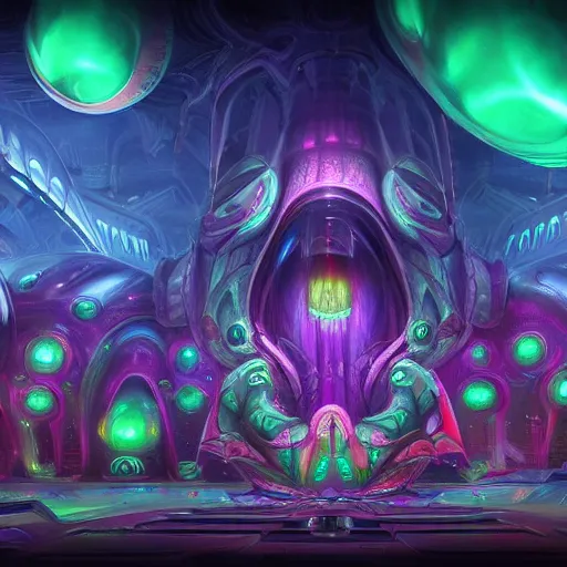 Prompt: Psychedelic Alien with psychedelic mushroom Dark Neon colored Universe cosmic entities sacred geometry space krakens by Tyler Edlin trending on artstation HD
