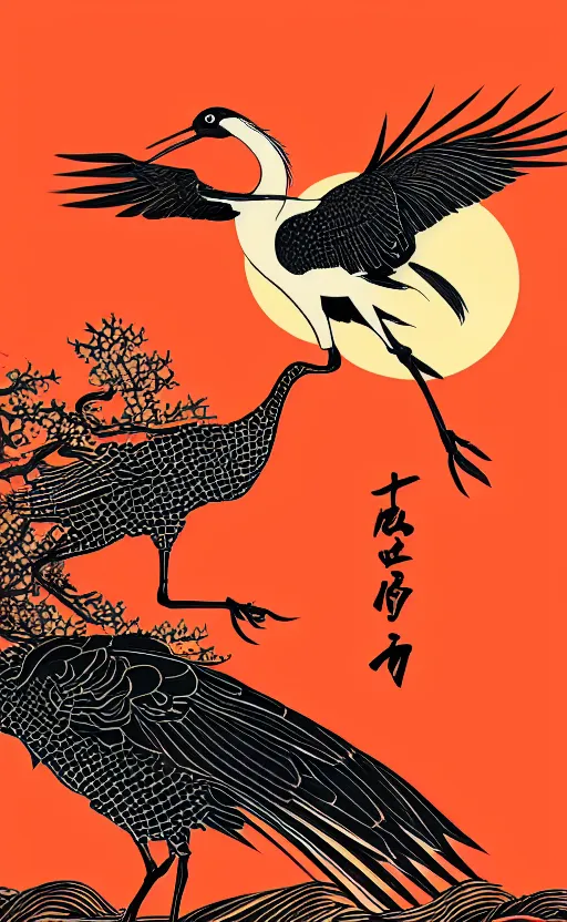 Prompt: hanafuda, portrait of huge japanese crane bird walking on a lake in the middle of japanese pines, a big red sun in the background, front game card, vector line art, trending on artstation, concept art, stunning, matte