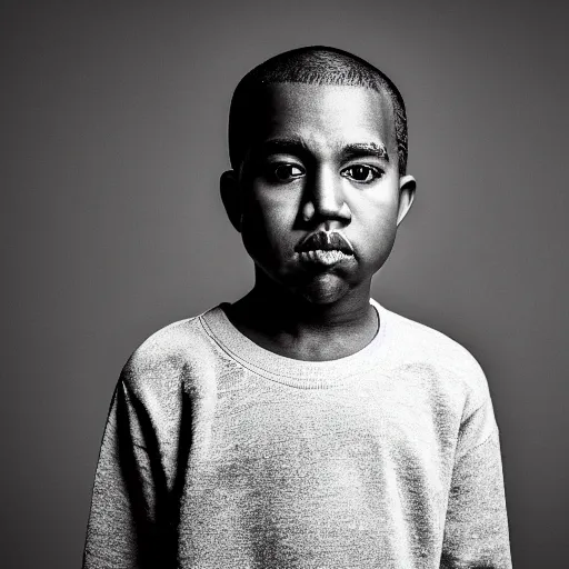 Image similar to the face of young kanye west wearing yeezy clothing at 8 years old, black and white portrait by julia cameron, chiaroscuro lighting, shallow depth of field, 8 0 mm, f 1. 8