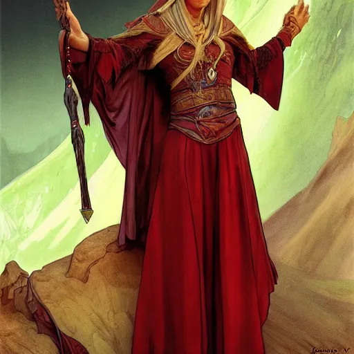 Image similar to esther the elven desert bandit. Red robes. Epic portrait by james gurney and Alfonso mucha (lotr, witcher 3, dnd).