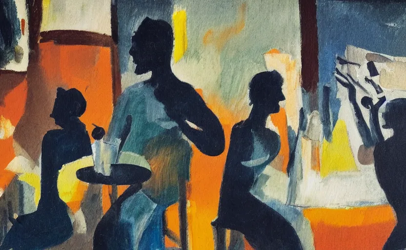 Prompt: oil painting in the style of john craxton sailors in the shadows of a pub. playing cards. brush marks. strong lighting. single flower. holding cigarettes. smokey bar. seated figure hands on table. eye. strong expressions on faces. cheekbones. in the style of ivon hitchins line drawing on painting,