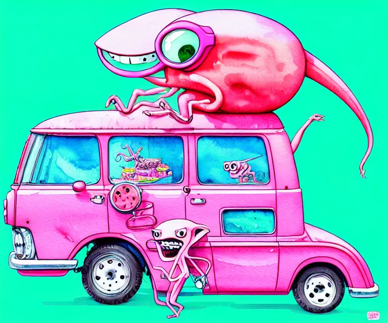 Image similar to cute and funny, pink colored squid wearing goggles riding in a tiny hot rod van with oversized engine, ratfink style by ed roth, centered award winning watercolor pen illustration, isometric illustration by chihiro iwasaki, edited by range murata, tiny details by artgerm and watercolor girl, symmetrically isometrically centered