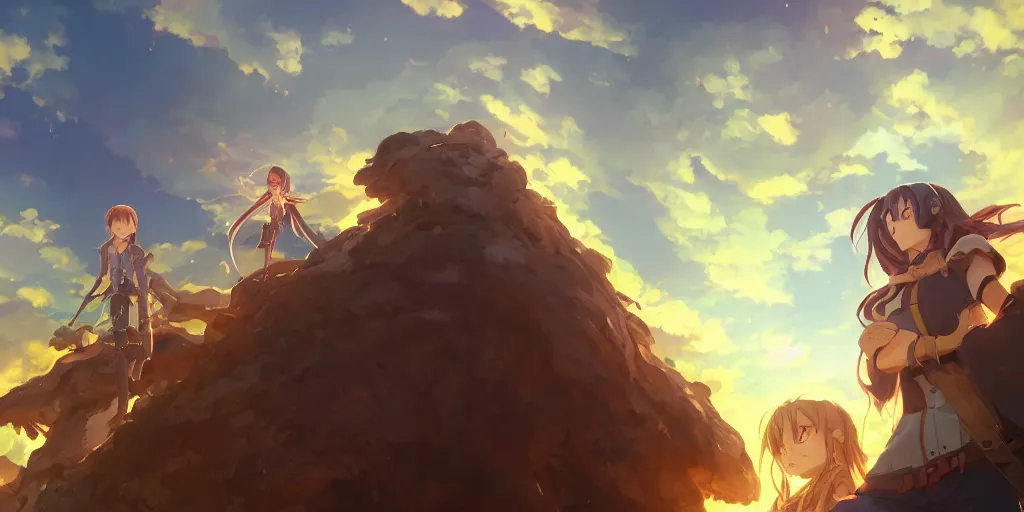 Prompt: isekai masterpiece by mandy jurgens, irina french, rachel walpole, ross tran, illya kuvshinov, and alyn spiller of an anime woman standing tree log looking up at giant crystals, high noon, cinematic, very warm colors, intense shadows, ominous clouds, anime illustration, anime screenshot composite background