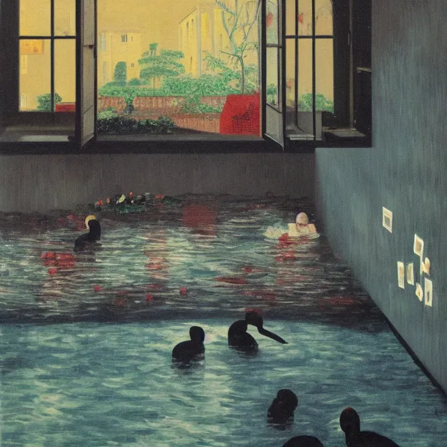 Image similar to painting of flood waters inside an apartment, tall female emo art student, a river flooding indoors, tangelos, pigs, ikebana, water, river, rapids, waterfall, black swans, canoe, pomegranate, berries dripping, acrylic on canvas, surrealist, by magritte and monet