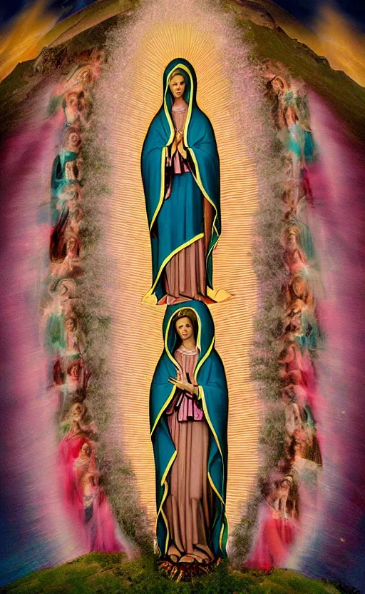 Prompt: virgin mary, our lady of lourdes, lady of guadalupe, blessed mother in front of a pink waterfall with ribbons and angels in clouds. beautiful lighting. highly detailed textures.