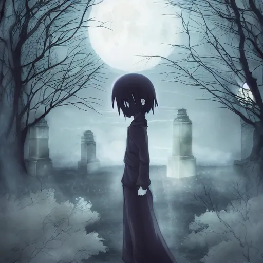 Prompt: anime hd, anime, 2 0 1 9 anime, ghost children, children born as ghosts, london cemetery, albion, london architecture, buildings, gloomy lighting, moon in the sky, gravestones, creepy smiles