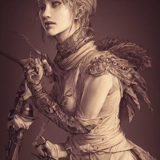 Image similar to the portrait of neutral evil fallen female knight vagabond as absurdly beautiful, gorgeous, elegant, sophisticated, woman, an ultrafine hyperdetailed illustration by kim jung gi, irakli nadar, intricate linework, bright colors, octopath traveler, final fantasy, unreal engine 5 highly rendered, global illumination, radiant light, detailed and intricate environment