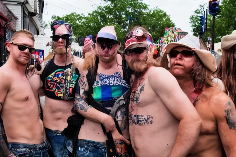 Image similar to pride party of rednecks, street photography, photojournalism