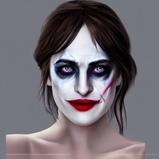 Image similar to beautiful dakota johnson with joker makeup, highly detailed, realistic face, detailed face, amazing digital art