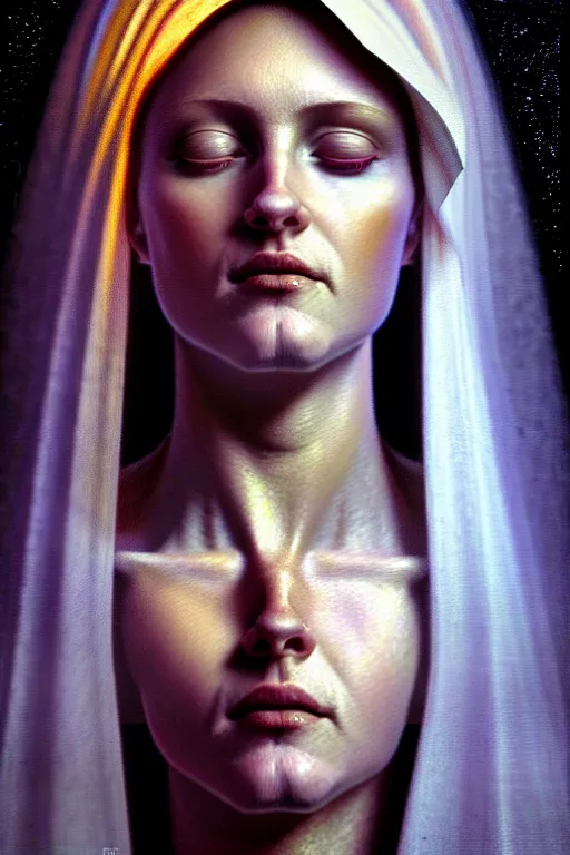 Image similar to hyperrealistic mixed media painting of Mother Mary, a halo about her head, full body, stunning 3d render inspired art by P. Craig Russell and Barry Windsor-Smith + perfect facial symmetry + dim volumetric lighting, 8k octane beautifully detailed render, post-processing, extremely hyperdetailed, intricate, epic composition, grim yet sparkling atmosphere, cinematic lighting + masterpiece, trending on artstation, very very detailed, masterpiece, stunning