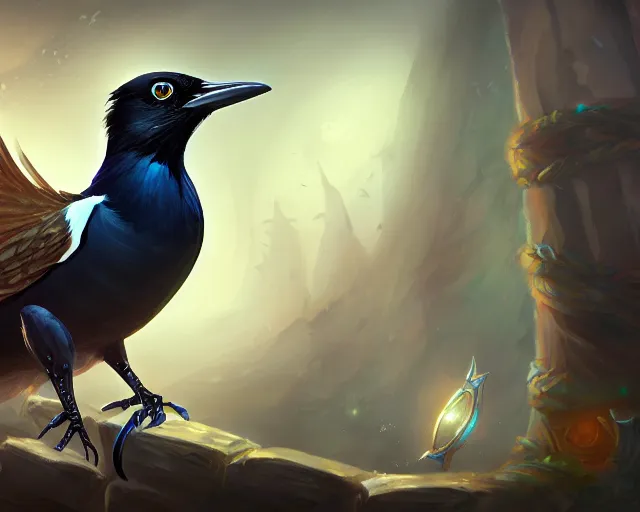 Image similar to magpie, deep focus, d & d, fantasy, intricate, elegant, highly detailed, digital painting, artstation, concept art, matte, sharp focus, illustration, hearthstone,