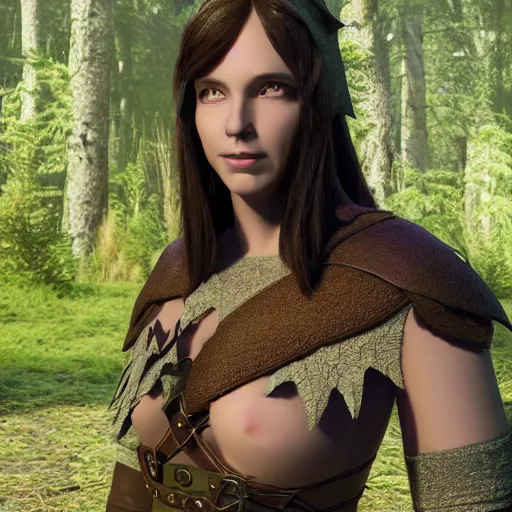 Image similar to anya charlota as a medieval fantasy elf, dark purplish hair tucked behind ears, wearing a green tunic with a fur lined collar and brown leather armor, wide, muscular build, scar across nose, one black, scaled arm, cinematic, character art, digital art, forest background, realistic. 8 k, 3 d render.