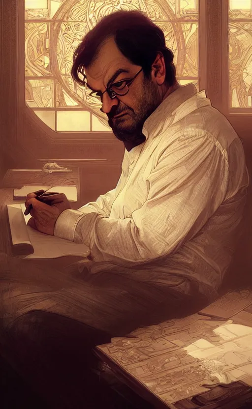 Image similar to portrait of salman rushdie writing, deep focus, d & d, fantasy, intricate, elegant, highly detailed, digital painting, artstation, concept art, matte, sharp focus, illustration, art by artgerm and greg rutkowski and alphonse mucha