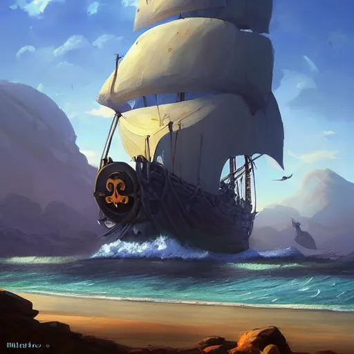 Prompt: a painting of an island with a pirate ship on it, a detailed matte painting by RHADS, cgsociety, fantasy art, matte painting, artstation hq, matte drawing, by makoto shinkai and Beeple