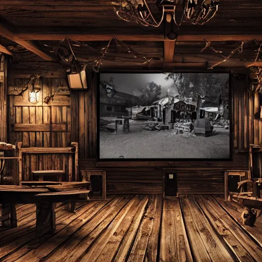 Prompt: old torn down western saloon with flickering cinema screen in the middle, centered, dark fantasy, gritty, cinematic, stylish, vintage, ultra realistic. 1 9 2 0 x 1 0 8 0 pixels