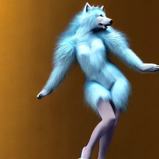 Prompt: 3 d render, well toned, large, female anthropomorphic wolf, blue fur and scales with white spots and wings on her back, icey blue dress, furr covering her chest.