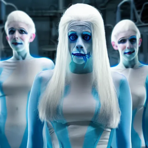 Image similar to troop of freak show women with white hair, white hair, tight light blue neopren suits, futuristic production facility, sci - fi, highly detailed, cinematic