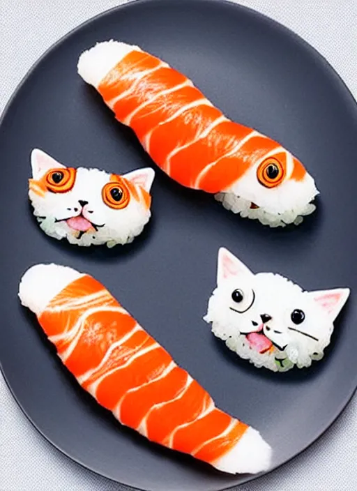 Image similar to clear photorealistic picture of adorable cats made out of sushi