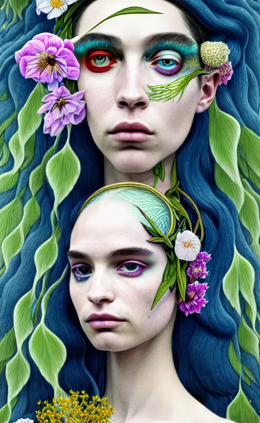 Image similar to the non-binary deity of Spring, 1 figure only, looks a blend of Grimes, Lana Del Rey, Aurora Aksnes, and Zoë Kravitz, it is made entirely out of flora and fauna, in a style combining Botticelli, Möbius and Æon Flux, surrealism, stunningly detailed artwork, hyper photorealistic 4K, stunning gradient colors, very fine inking lines