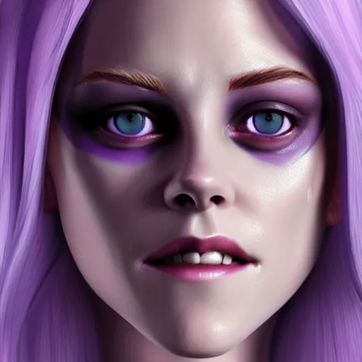 Image similar to Purple skinned Kristen Stewart as a smiling Elf wizard with ((white)) hair. smooth purple skin!, + purple skin Photorealistic digital art trending on artstation, artgem, 4k HD.