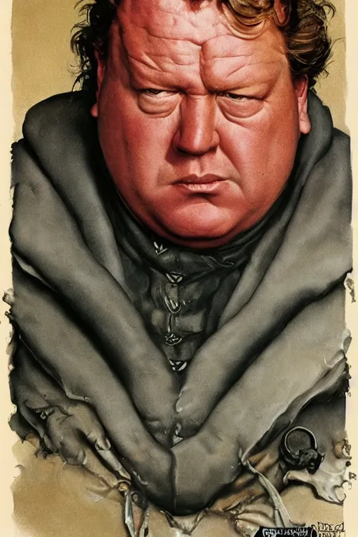 Image similar to dynamic upper body portrait of ray winstone as baron harkonnen in 1982 movie dune, by norman rockwell and boris vallejo