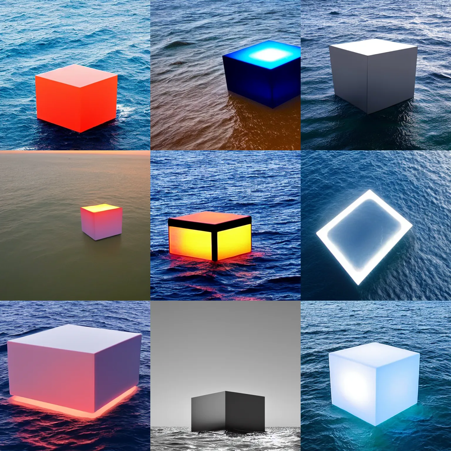 Prompt: a glowing cube in the middle of the sea in the style of richard serra