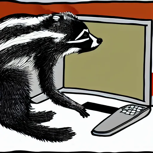 Prompt: a confused raccoon attempting to program a computer. digital art illustration.