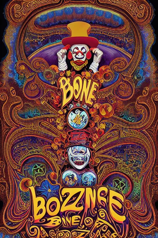 Image similar to Flowing lettering that says The Bozone, Fillmore concert poster for The Bozone by Robert Crumb, by Victor Moscoso, by Laurie Lipton, black light velvet poster, intricate paisley filigree, Bozo the clown. Clown motif, Shiny bulbous red clown nose at the center of an infinite fractal mandala tunnel of clowns, Unreal Engine, Cryengine, Artstation