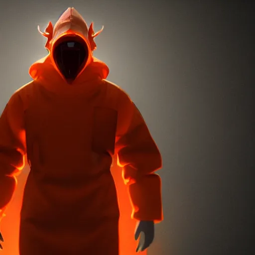 Image similar to villain wearing a red oni mask, orange hazmat suit, dark background, unreal engine 5, ultra realistic, detailed, fog, volumetric lighting, by greg rutkowski,