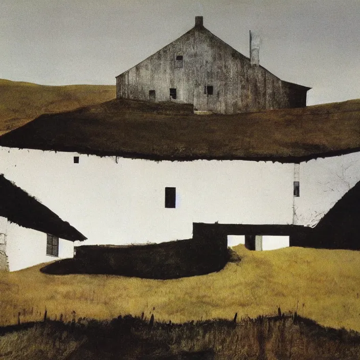 Image similar to a building in a landscape, by andrew wyeth
