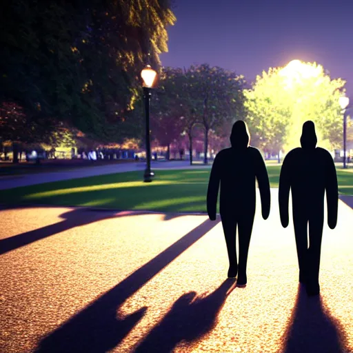 Image similar to shadow people walking in the park, made from the side, 2 d ultra realistic, lens flare, atmosphere, glow, detailed, intricate, full of colour, cinematic lighting, trending on artstation, 4 k, hyperrealistic, focused, extreme details, unreal engine 5, cinematic, masterpiece, ultra realistic, hyper realistic, highly detailed, sharp focus, digital art
