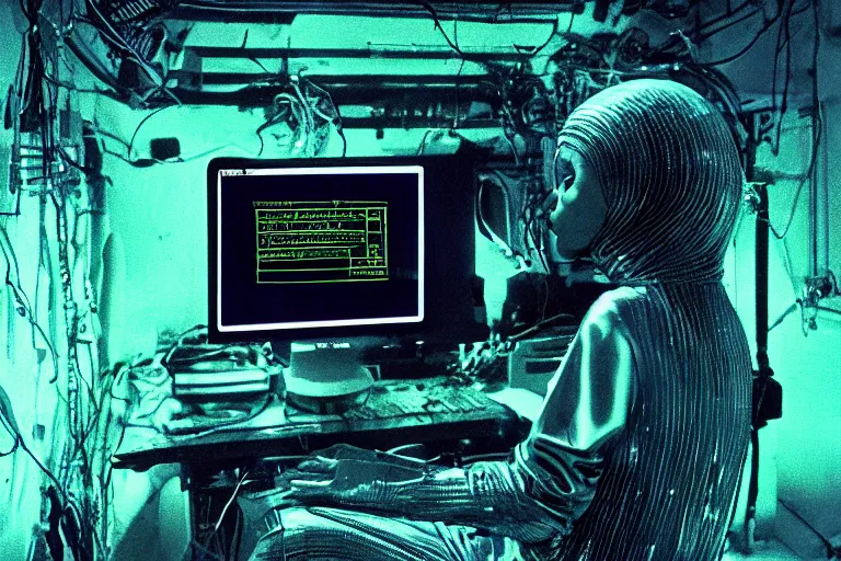 Prompt: alien using a computer to check her email submerged in translucent goo, over the shoulder perspective, in 1 9 8 5, y 2 k cybercore, industrial low - light photography, in the style of tyler mitchell