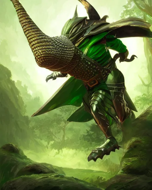 Image similar to Armadillo warrior, green cape , forest background, magic the gathering artwork, D&D, fantasy, cinematic lighting, centered, symmetrical, highly detailed, digital painting, artstation, concept art, smooth, sharp focus, illustration, volumetric lighting, epic Composition, 8k, art by Akihiko Yoshida and Greg Rutkowski and Craig Mullins, oil painting, cgsociety