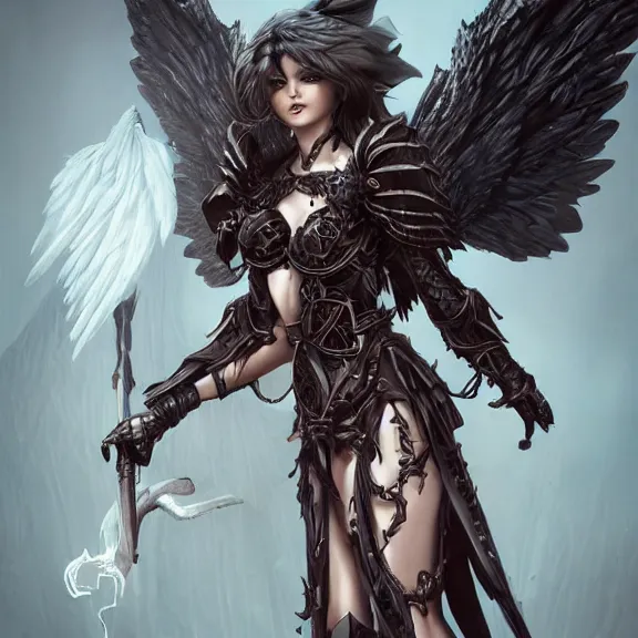 Image similar to A female angel with a dark armour and one pair of vig devil wings , D&D , fantasy , highly detailed, digital art, artstation, smooth, sharp focus, fantasy illustration, art by Peter Tang and artgem and Alina Ivanchenko and Hirokazu Yokohara and Kago Shintaro