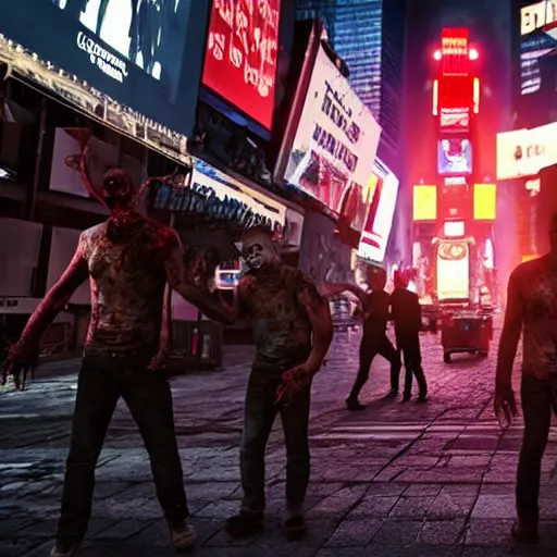 Prompt: Zombies walking in Times Square, realistic artstyle, wide shot, dramatic lighting, octane render, hyperrealistic, high quality, highly detailed, HD, beautiful, cinematic, 8k, unreal engine, facial accuracy, symmetrical