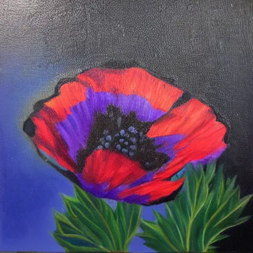 Image similar to black blue and purple papaver flower, oil painting