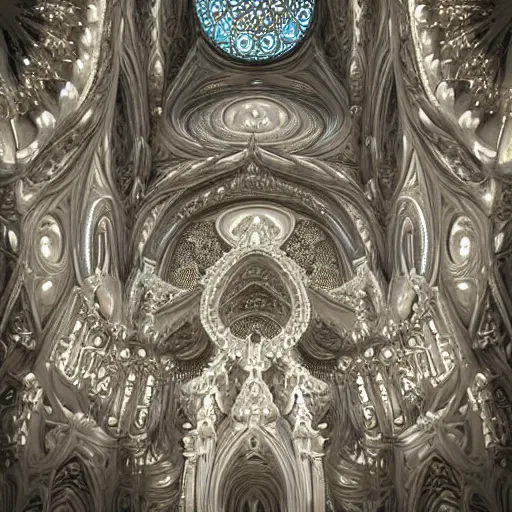 Image similar to beautiful hyperrealistic 3 d render of a delicate ivory sculpture of an ornate cathedral made entirely of mandelbrot fractals by android jones, micro detail, unreal engine, dramatic lighting, psychedelic, octane renderer, catholicpunk, glowing, white color scheme, photorealistic, physically based rendering, angelic, hyper detailed, colorful, carved soap, trending on cgsociety