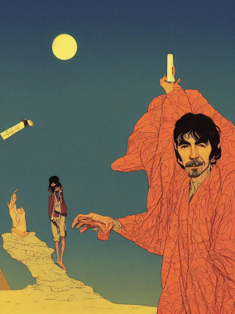 Image similar to a closeup portrait of george harrison taking mind altering drugs, a blotter paper of lsd acid and dreaming psychedelic hallucinations in the vast landscape of egypt, by kawase hasui, moebius, edward hopper, colorful flat surreal design, dramatic lighting, hd, 8 k, artstation