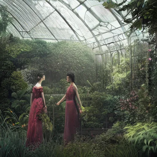 Image similar to two women standing in an elegant greenhouse garden, dramatic lighting, illustration by greg rutkowski, yoji shinkawa, 4 k, digital art, concept art, trending on artstation