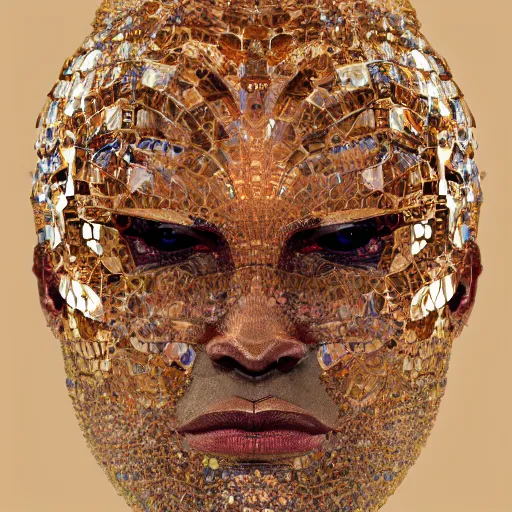 Image similar to portrait of a crystal face made of crystals 3 / 4 bottom view ominous, intricate, studio, art by anthony macbain + greg rutkowski + alphonse mucha, concept art, 4 k, sharp focus