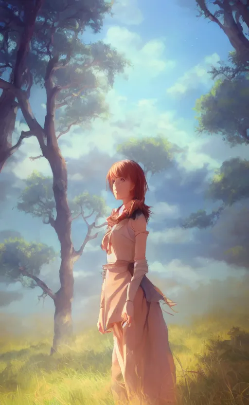 Image similar to a portrait of a female character on an arid forest, blue sky, clouds, vivid colors, soft lighting, atmospheric, cinematic, moody, in the style of ilya kuvshinov and range murata, krenz cushart, rule of thirds, oil on canvas, 8 k