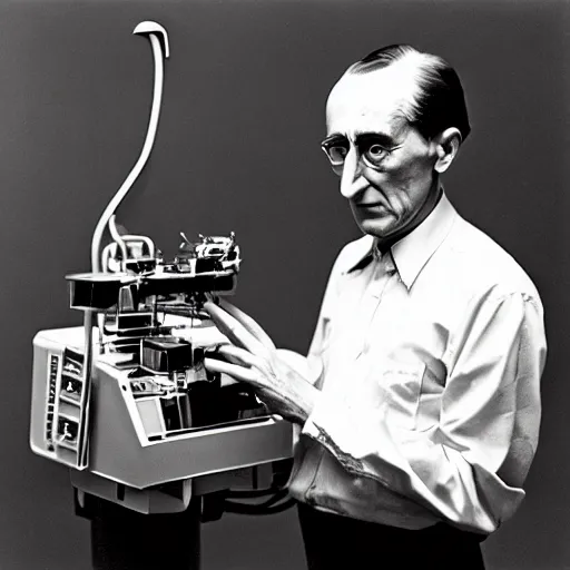 Image similar to Kodachrome portrait of Marcel Duchamp with an technologival machine, archival pigment print in the style of Hito Steyerl, studio shooting, contemporary art