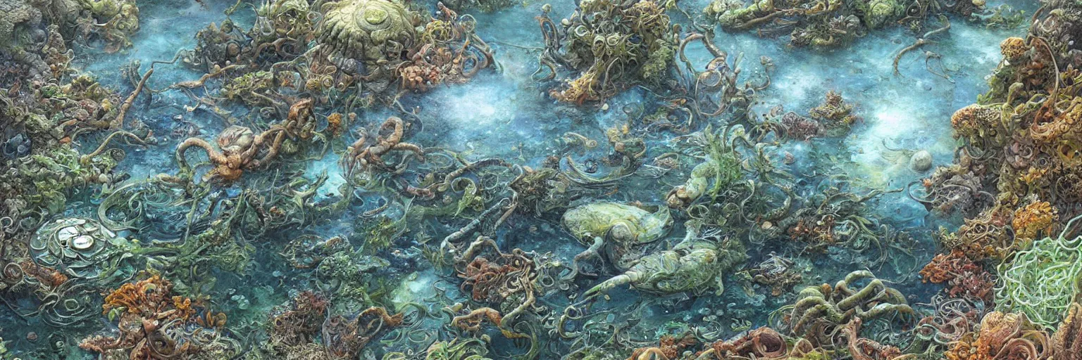 Prompt: Life in an Alien Tide Pool, by Ernst Haeckel and Marc Simonetti and Donato Giancola